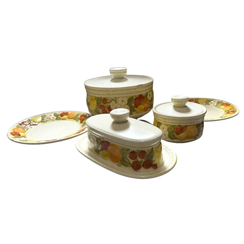 Vintage Vernon Ware by Metlox Set of 5 Pieces Floral Embossed Kitchen Serving Di